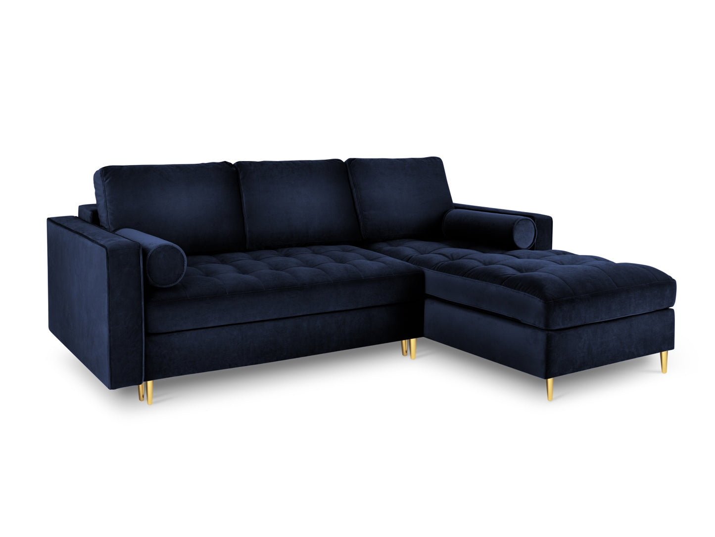 Aspen Corner Sofa With Bed Function And Box, 5 Seats, 240x175 cm — Royal Blue / Gold Metal / Right