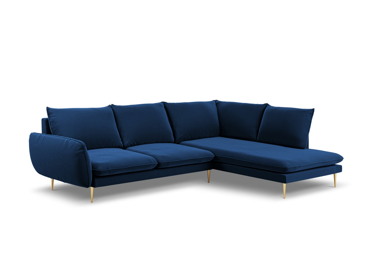 Vienna Corner Sofa, 6 Seats, 275x185 cm — Royal Blue / Gold Metal / Right