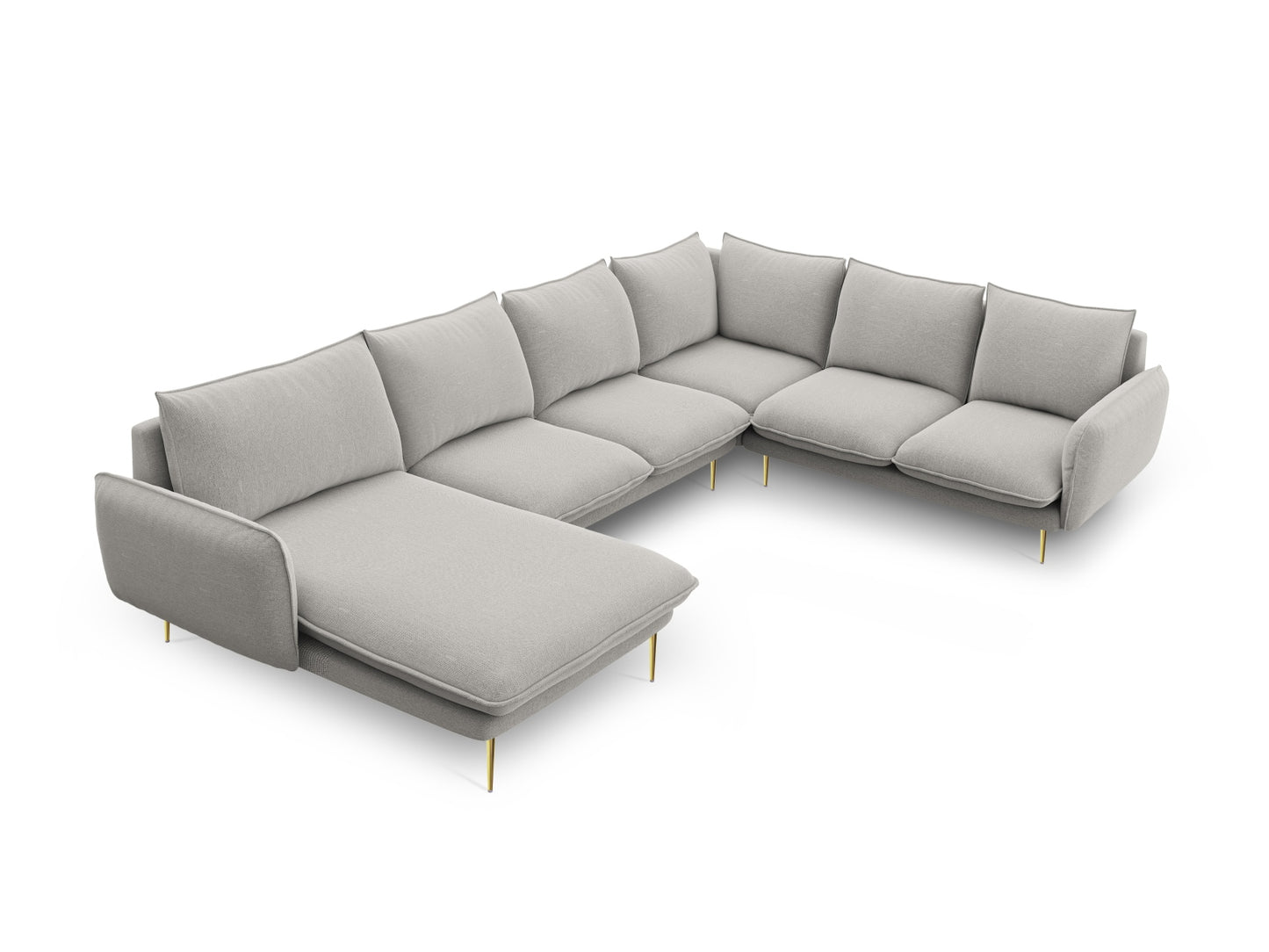 Vienna Panoramic Corner Sofa, 7 Seats, 330x235 cm — Light Grey / Gold Metal / Right