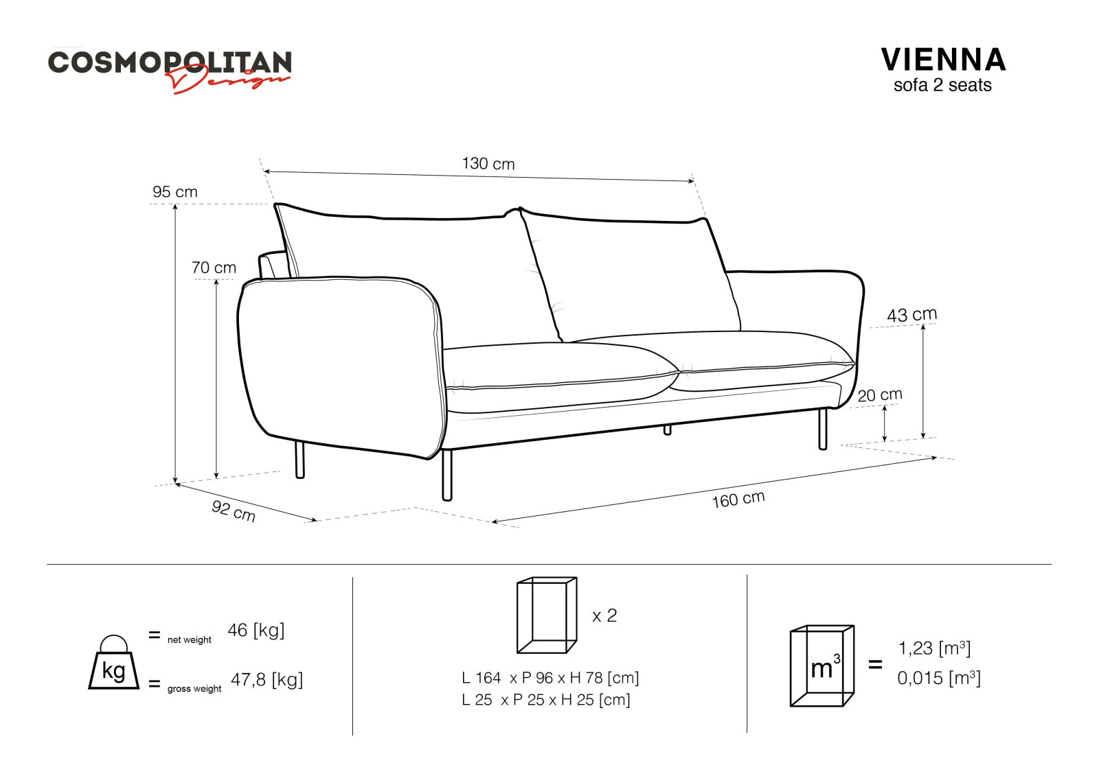 Vienna Sofa, 2 Seats, 160x92 cm