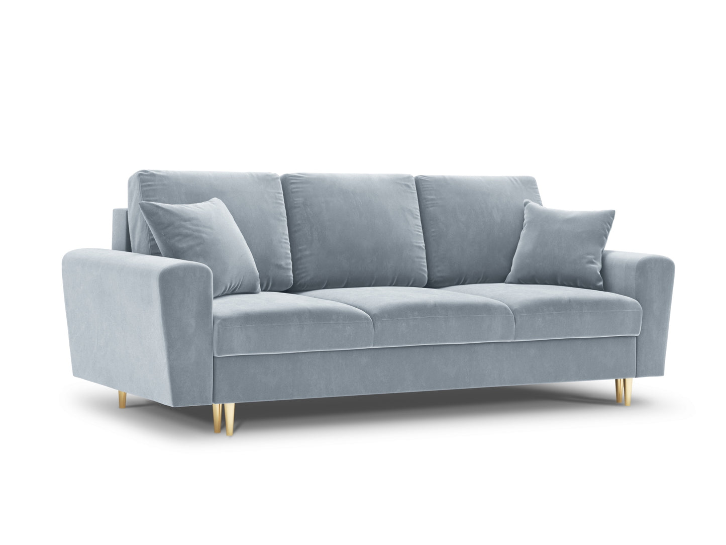Kyoto Sofa With Bed Function And Box, 3 Seats, 235x100 cm — Light Blue / Gold Metal