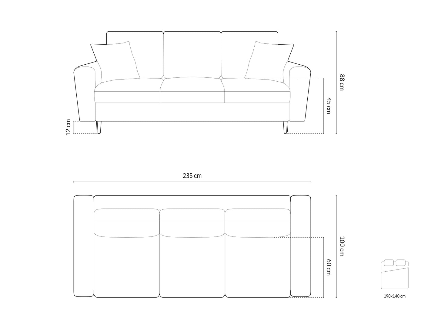 Kyoto Sofa With Bed Function And Box, 3 Seats, 235x100 cm