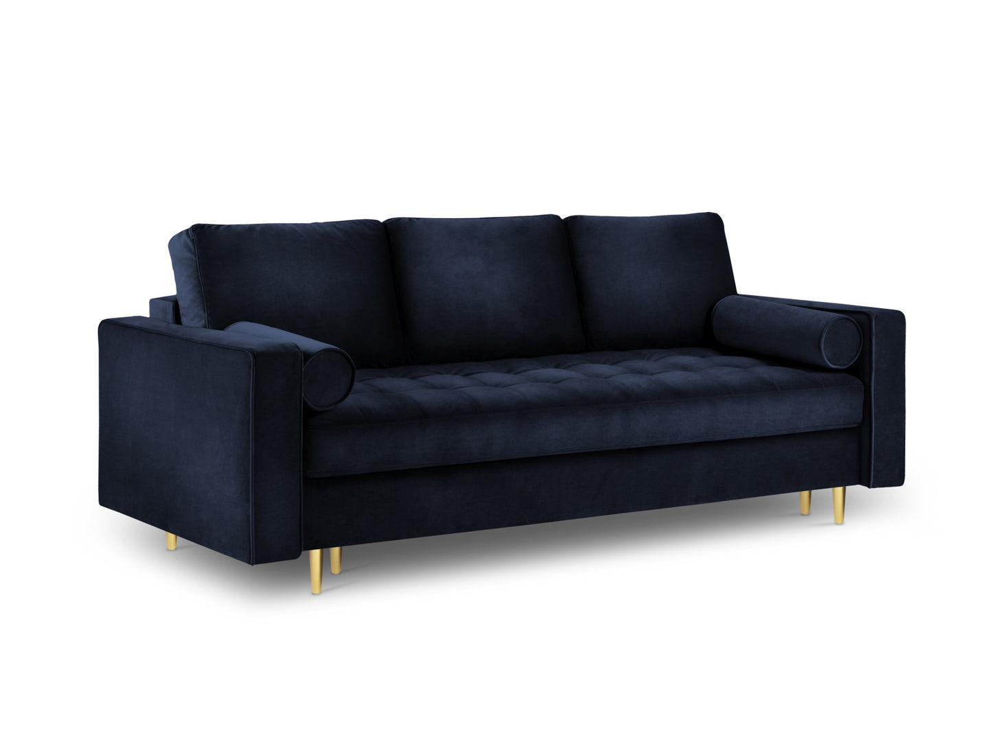 Aspen Sofa With Bed Function And Box, 3 Seats, 225x100 cm — Royal Blue / Gold Metal