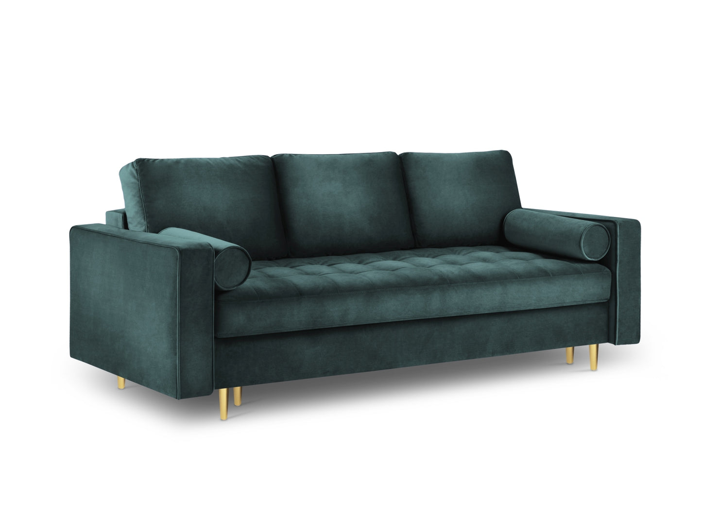 Aspen Sofa With Bed Function And Box, 3 Seats, 225x100 cm — Petrol / Gold Metal
