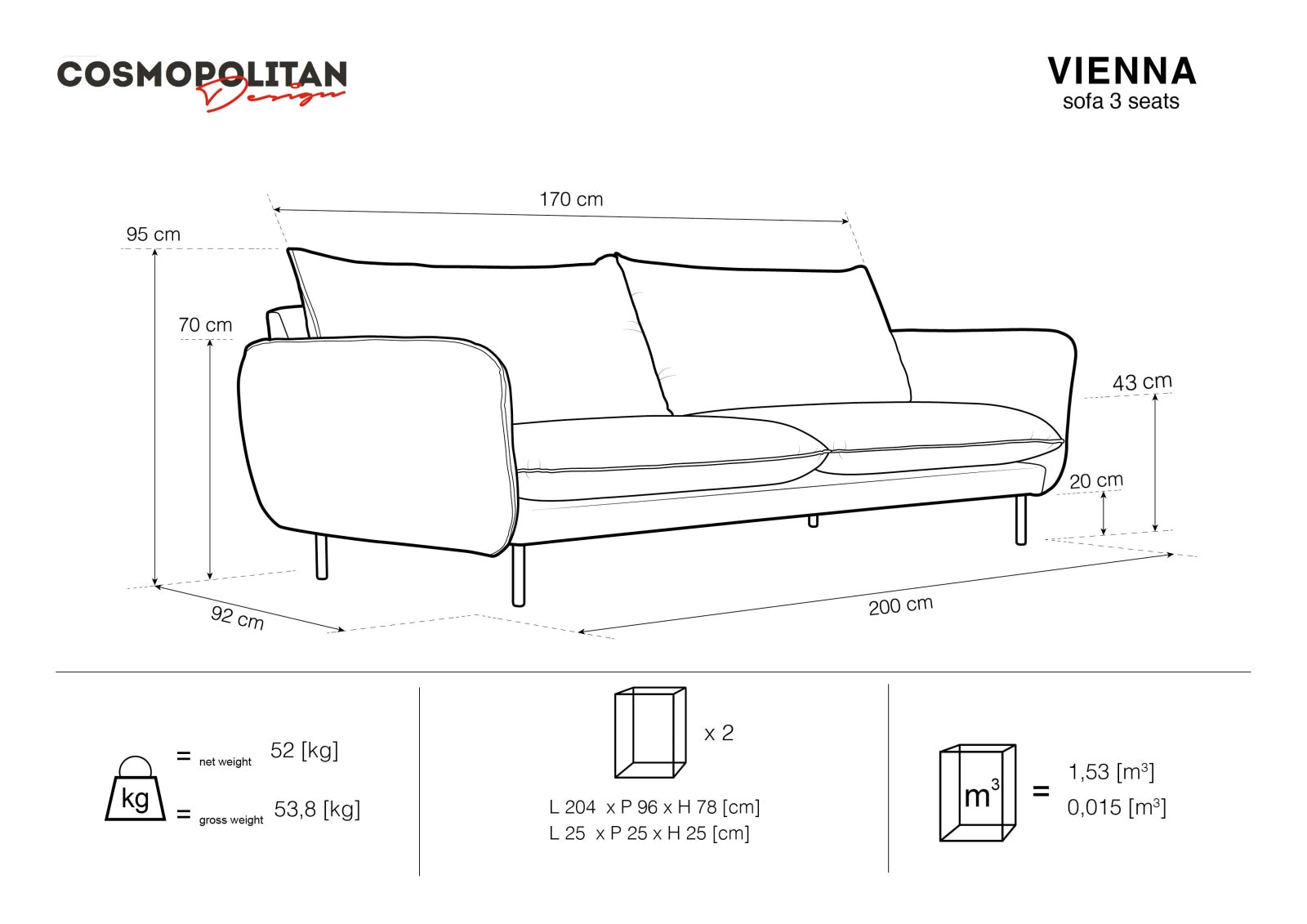 Vienna Sofa, 3 Seats, 200x92 cm