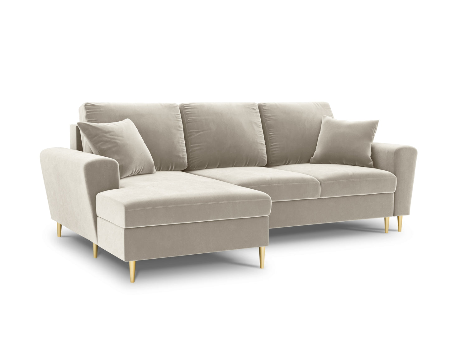 Kyoto Corner Sofa With Bed Function And Box, 4 Seats, 241x145 cm — Light Beige / Gold Metal / Left