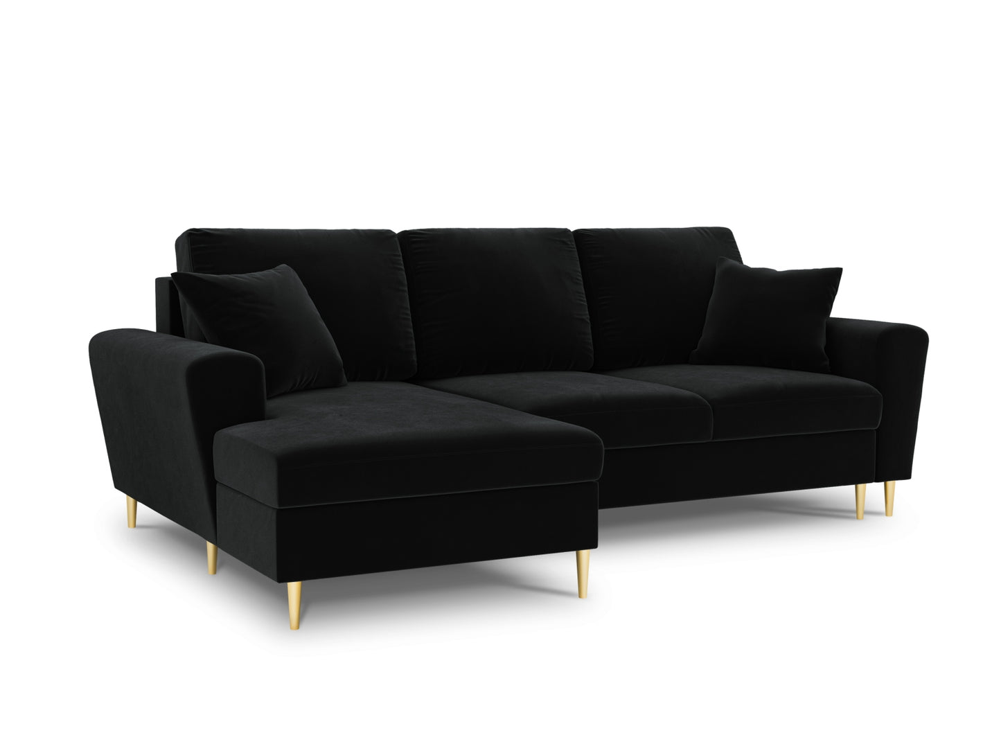 Kyoto Corner Sofa With Bed Function And Box, 4 Seats, 241x145 cm — Black / Gold Metal / Left