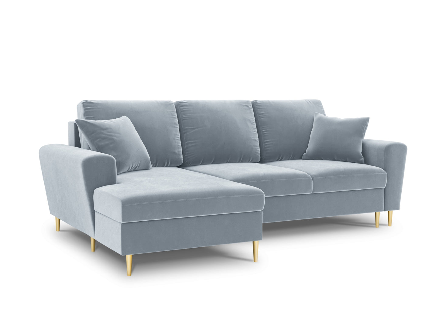 Kyoto Corner Sofa With Bed Function And Box, 4 Seats, 241x145 cm — Light Blue / Gold Metal / Left