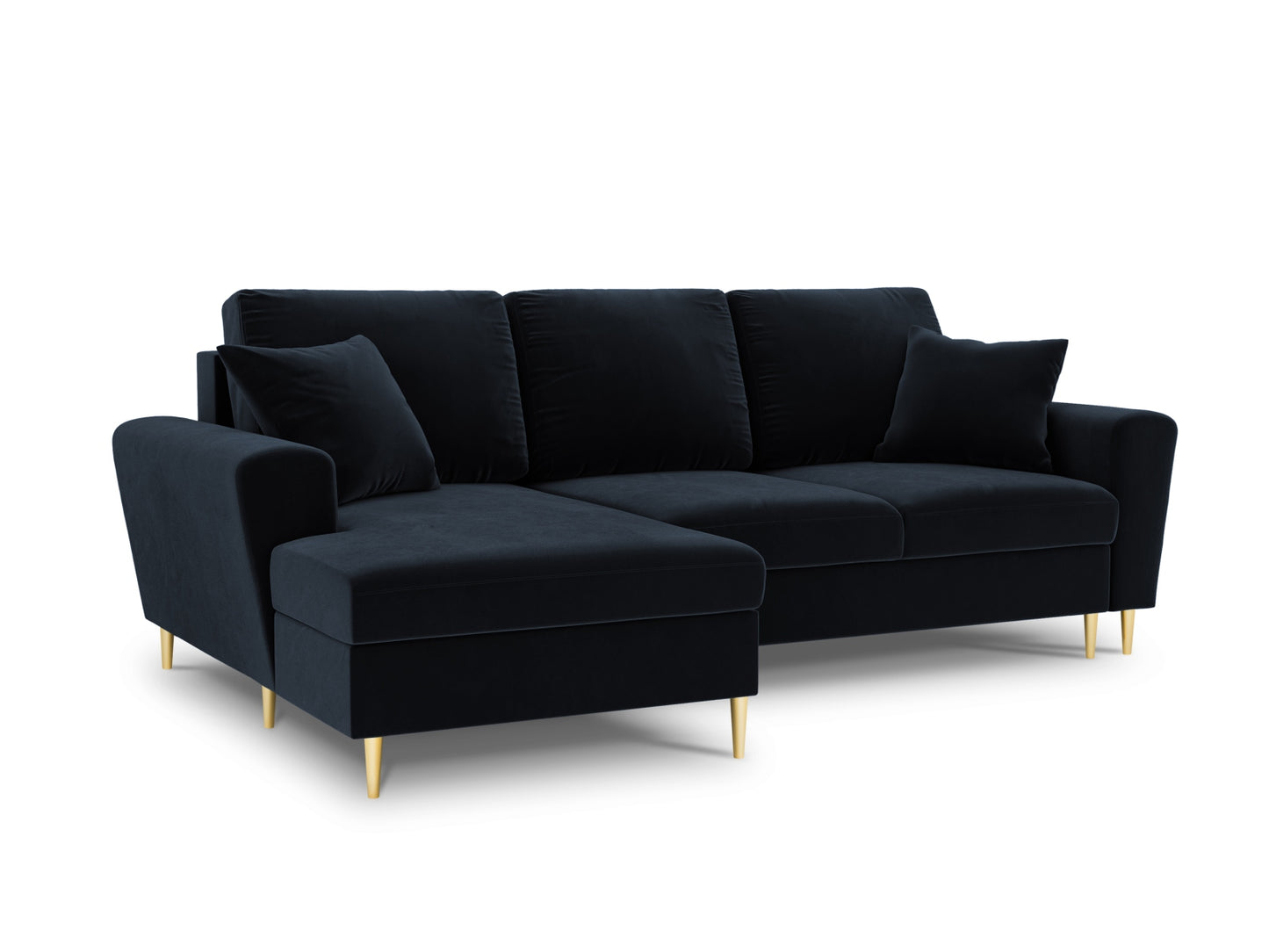 Kyoto Corner Sofa With Bed Function And Box, 4 Seats, 241x145 cm — Dark Blue / Gold Metal / Left