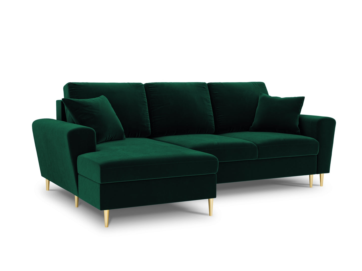 Kyoto Corner Sofa With Bed Function And Box, 4 Seats, 241x145 cm — Bottle Green / Gold Metal / Left