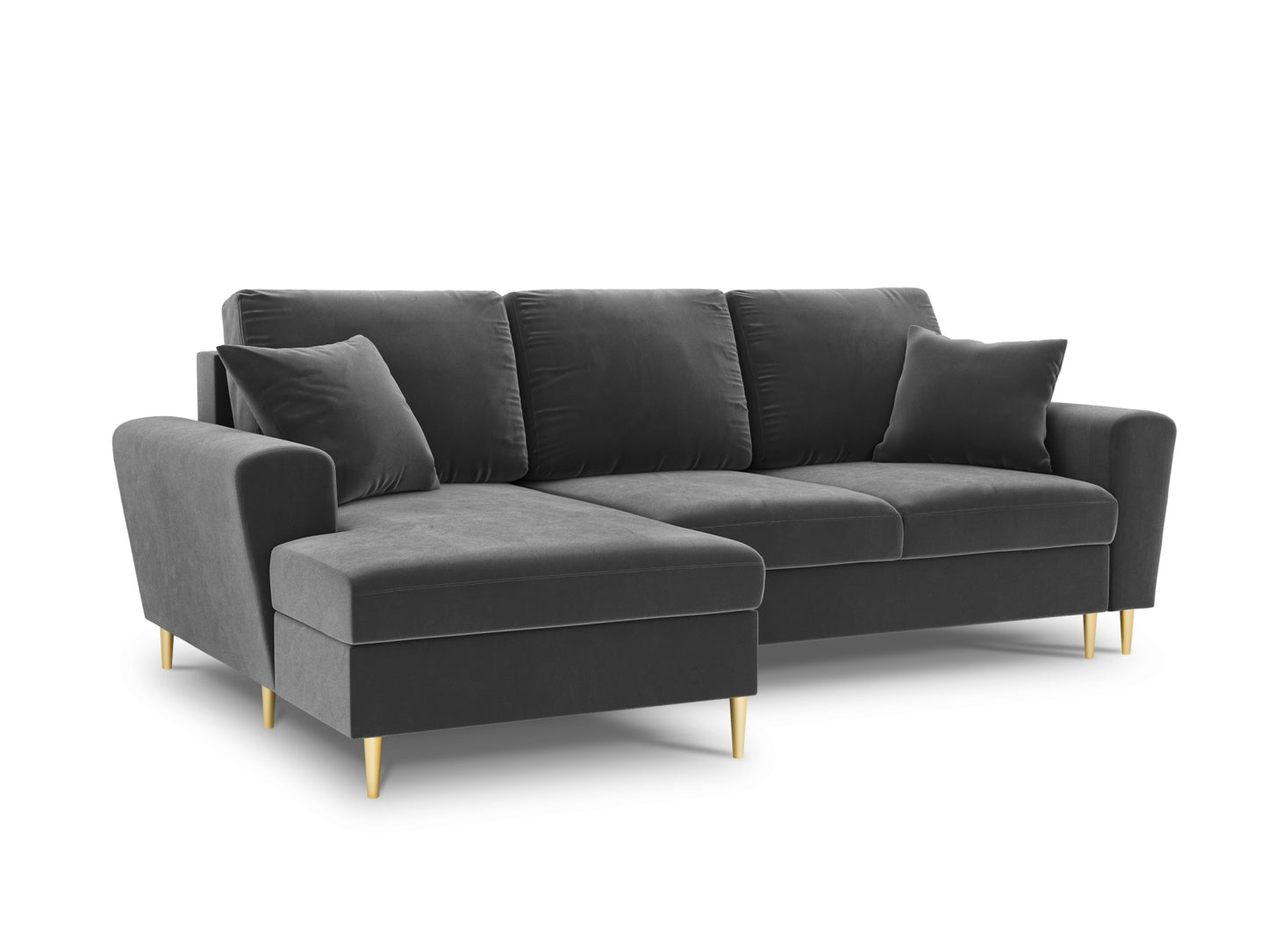 Kyoto Corner Sofa With Bed Function And Box, 4 Seats, 241x145 cm — Light Grey / Gold Metal / Left