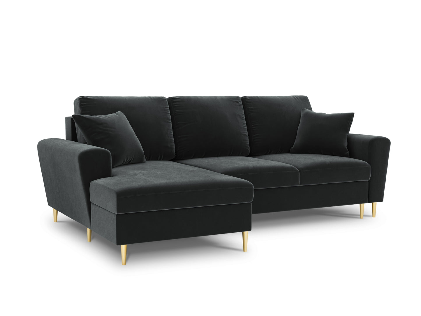 Kyoto Corner Sofa With Bed Function And Box, 4 Seats, 241x145 cm — Dark Grey / Gold Metal / Left