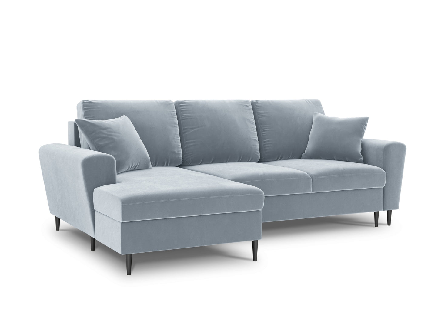 Kyoto Corner Sofa With Bed Function And Box, 4 Seats, 241x145 cm — Light Blue / Black Chrome Metal / Left