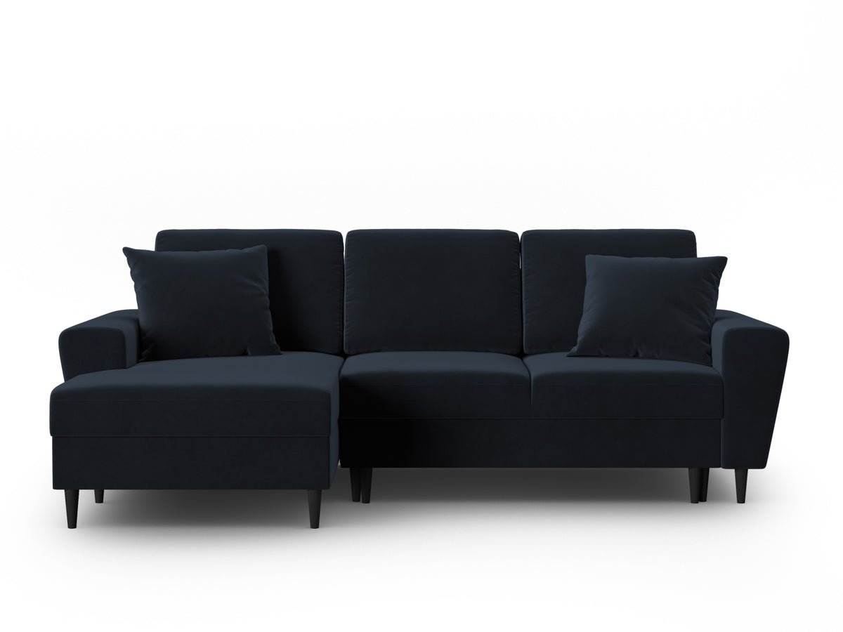 Kyoto Corner Sofa With Bed Function And Box, 4 Seats, 241x145 cm — Dark Blue / Black Beech Wood / Left