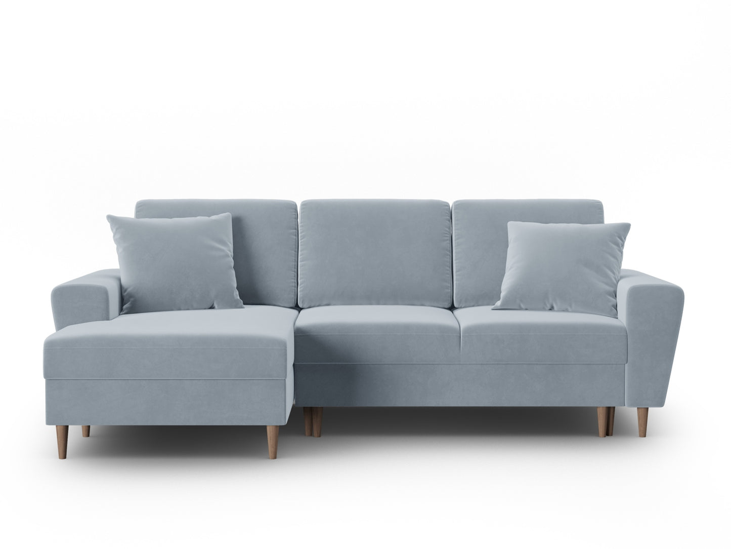 Kyoto Corner Sofa With Bed Function And Box, 4 Seats, 241x145 cm — Light Blue / Natural Beech Wood / Left