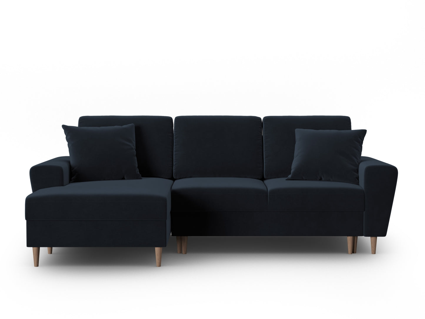 Kyoto Corner Sofa With Bed Function And Box, 4 Seats, 241x145 cm — Dark Blue / Natural Beech Wood / Left