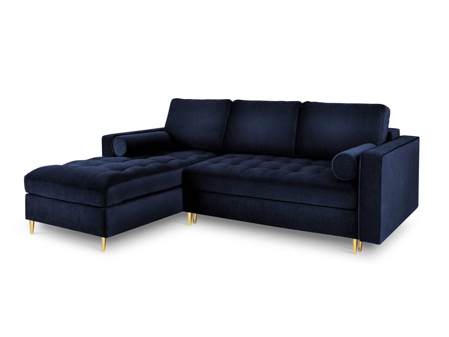 Aspen Corner Sofa With Bed Function And Box, 5 Seats, 240x175 cm — Royal Blue / Gold Metal / Left