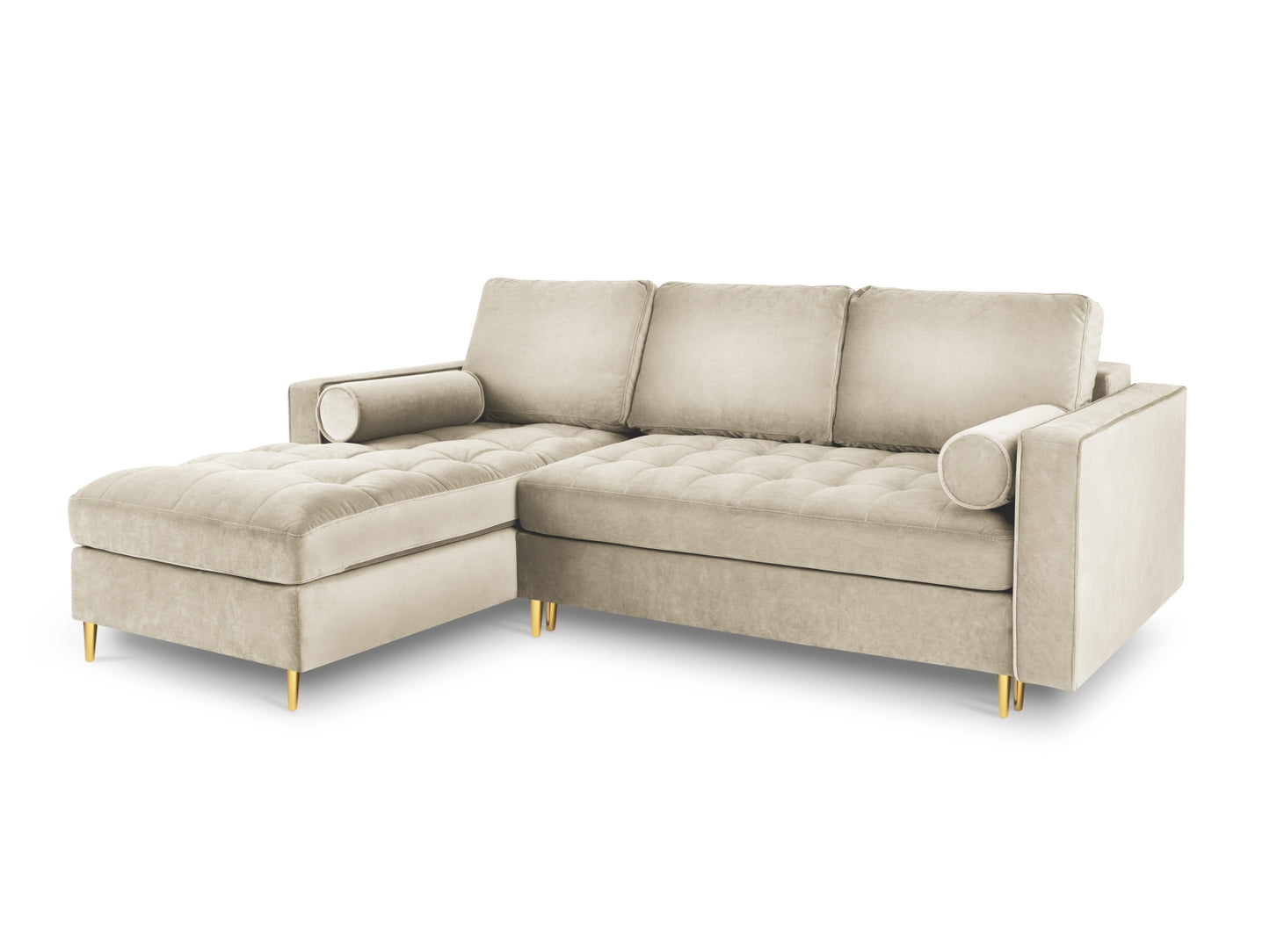 Aspen Corner Sofa With Bed Function And Box, 5 Seats, 240x175 cm — Dark Beige / Gold Metal / Left