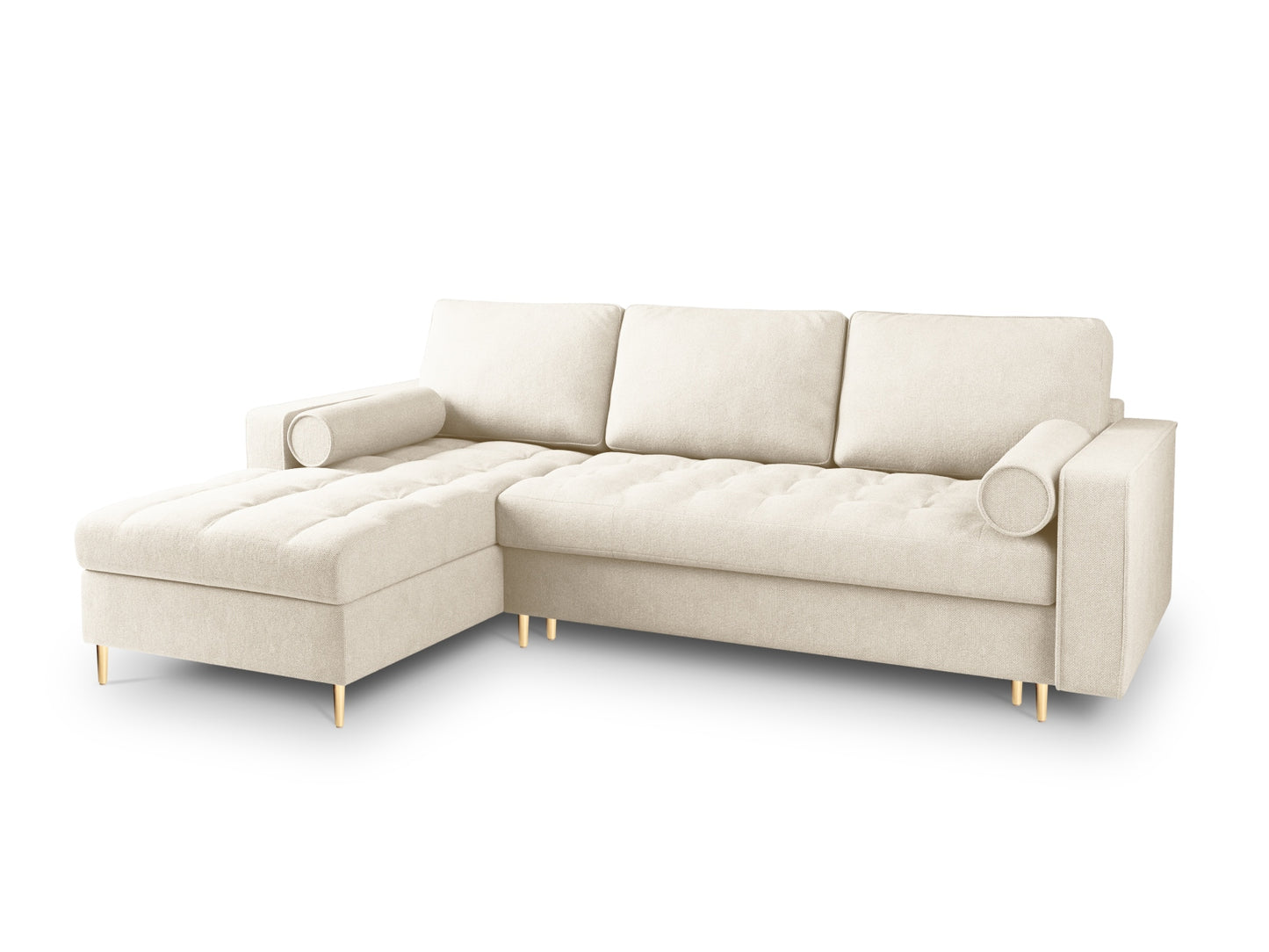 Aspen Corner Sofa With Bed Function And Box, 5 Seats, 240x175 cm — Light Beige / Gold Metal / Left