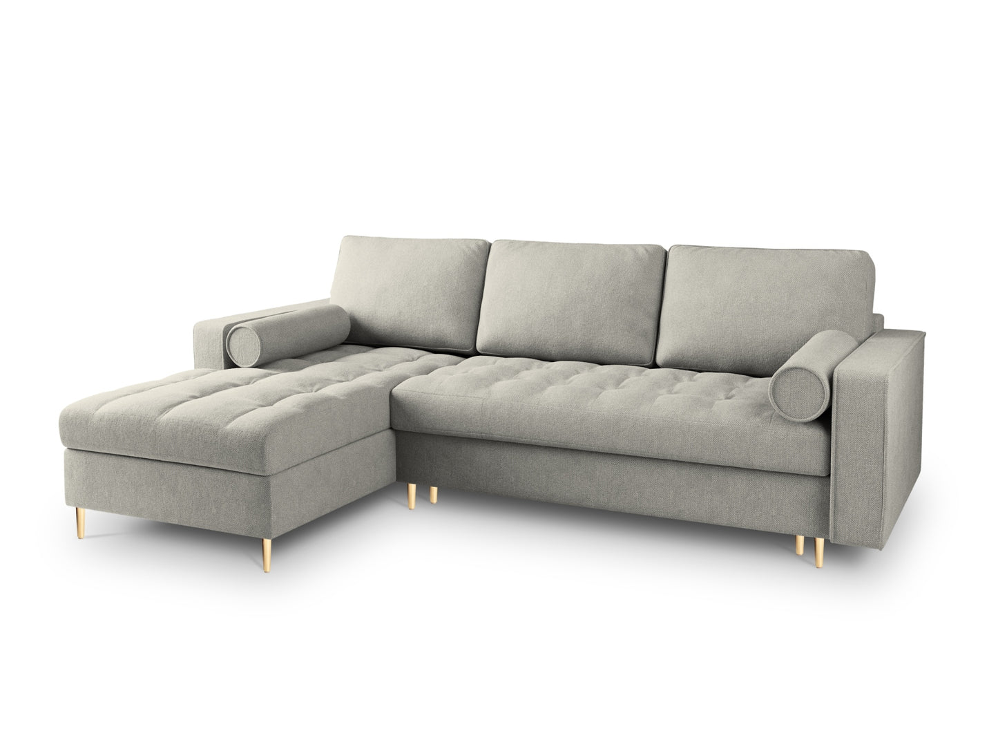 Aspen Corner Sofa With Bed Function And Box, 5 Seats, 240x175 cm — Light Grey / Gold Metal / Left