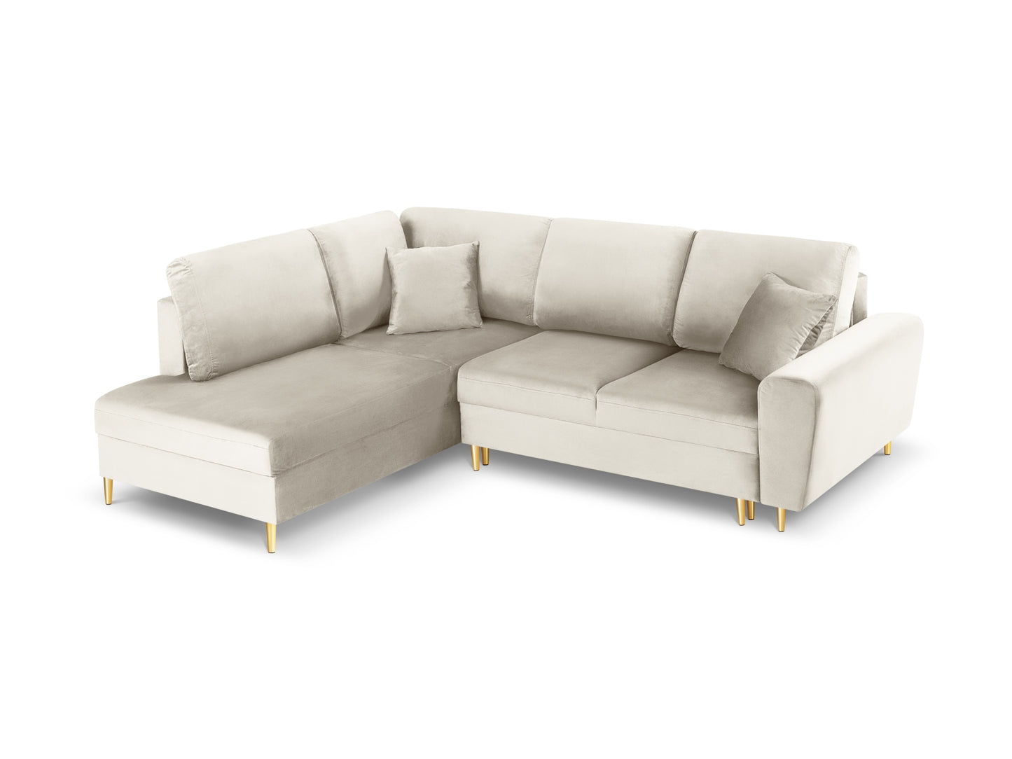 Kyoto Corner Sofa With Bed Function And Box, 5 Seats, 243x194 cm — Light Beige / Gold Metal / Left