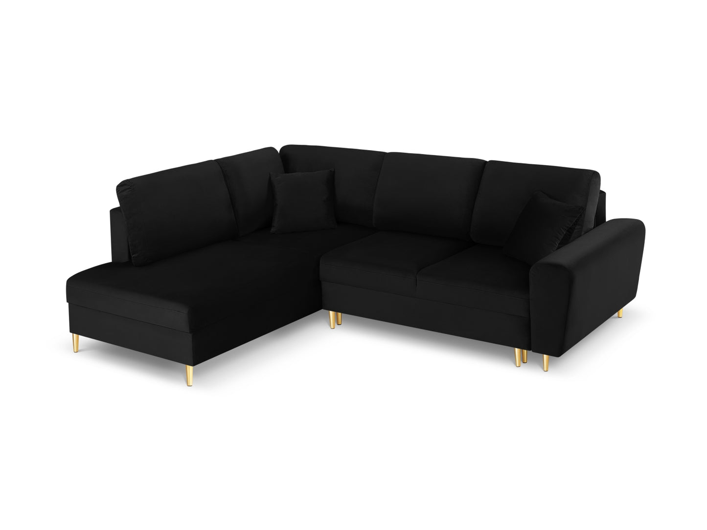 Kyoto Corner Sofa With Bed Function And Box, 5 Seats, 243x194 cm — Black / Gold Metal / Left