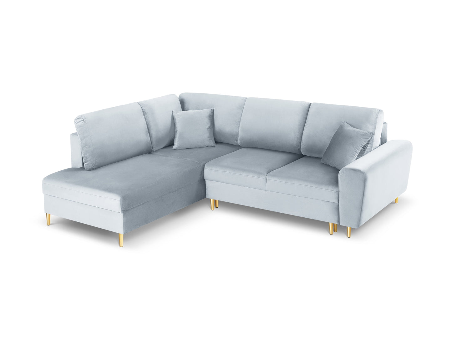 Kyoto Corner Sofa With Bed Function And Box, 5 Seats, 243x194 cm — Light Blue / Gold Metal / Left