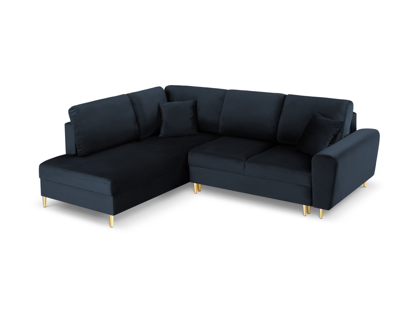 Kyoto Corner Sofa With Bed Function And Box, 5 Seats, 243x194 cm — Dark Blue / Gold Metal / Left