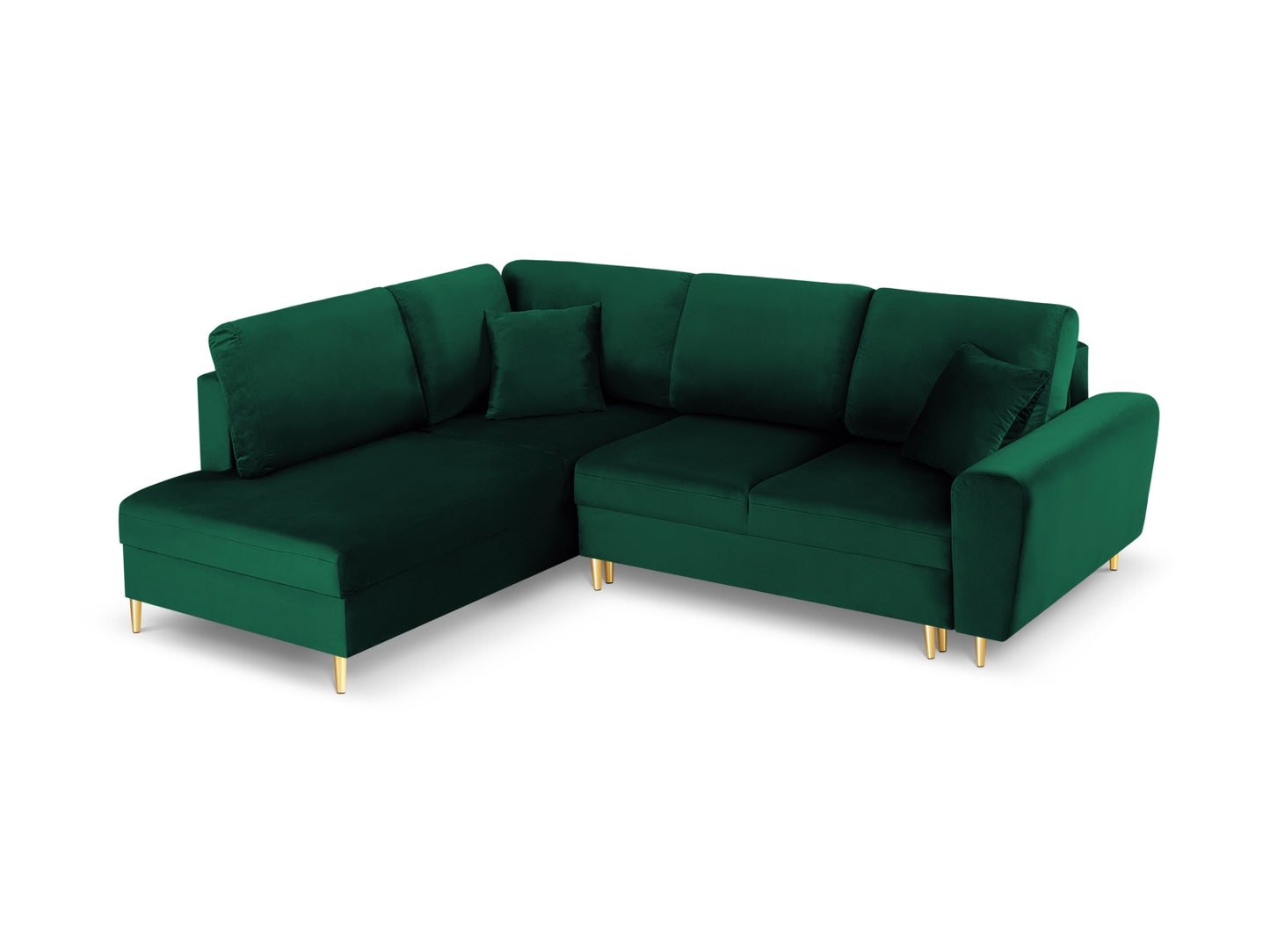 Kyoto Corner Sofa With Bed Function And Box, 5 Seats, 243x194 cm — Bottle Green / Gold Metal / Left