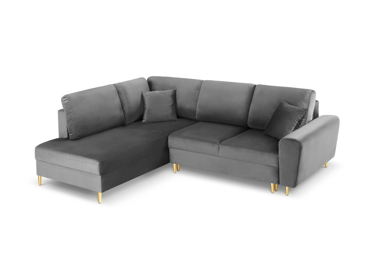 Kyoto Corner Sofa With Bed Function And Box, 5 Seats, 243x194 cm — Light Grey / Gold Metal / Left