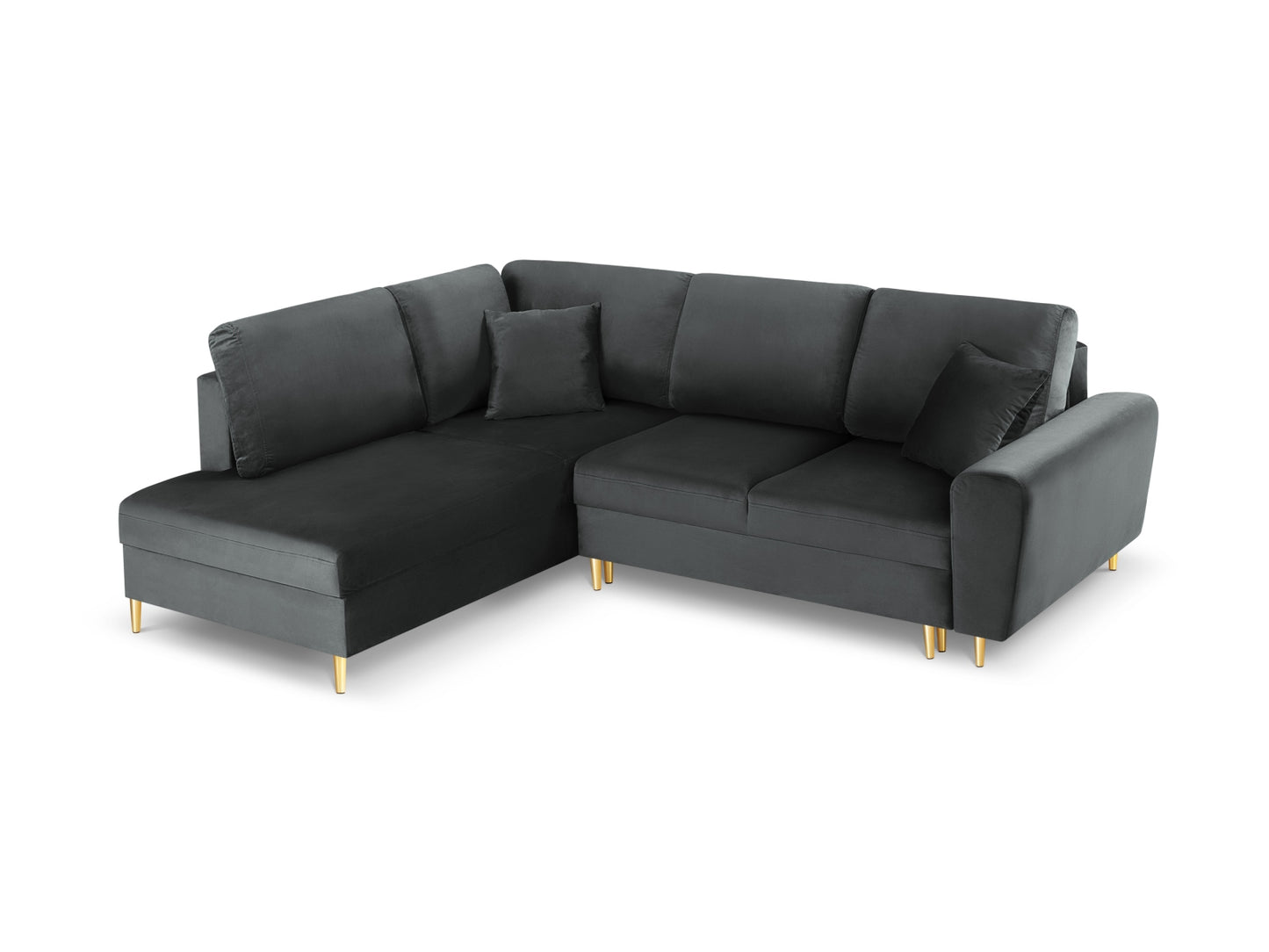 Kyoto Corner Sofa With Bed Function And Box, 5 Seats, 243x194 cm — Dark Grey / Gold Metal / Left