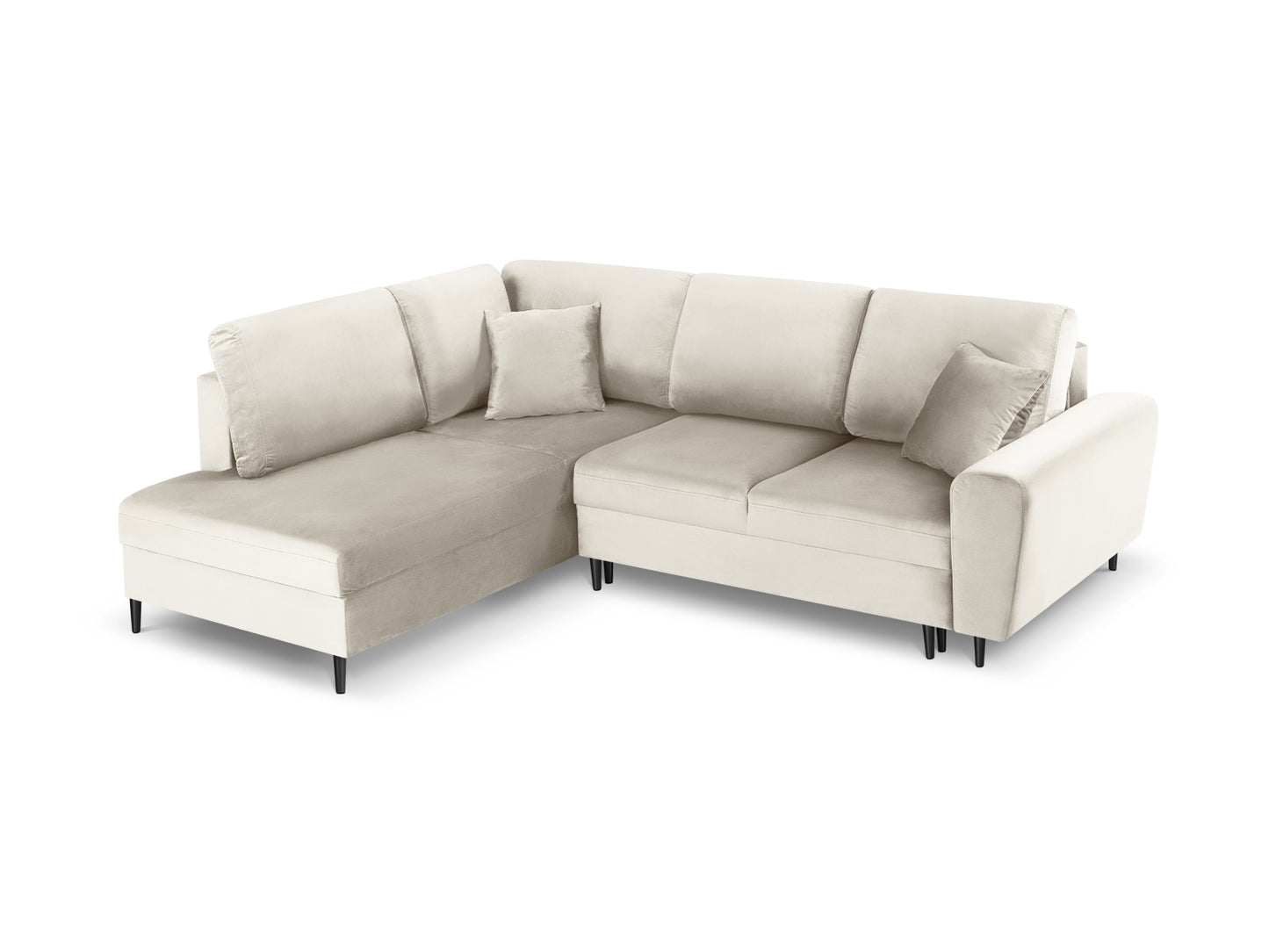 Kyoto Corner Sofa With Bed Function And Box, 5 Seats, 243x194 cm — Light Beige / Black Chrome Metal / Left