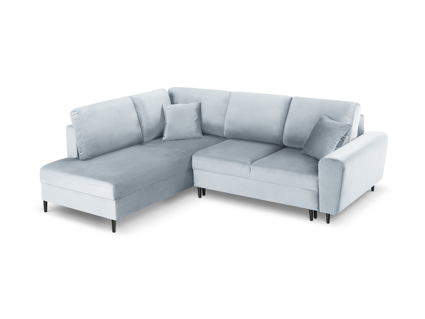 Kyoto Corner Sofa With Bed Function And Box, 5 Seats, 243x194 cm — Light Blue / Black Chrome Metal / Left