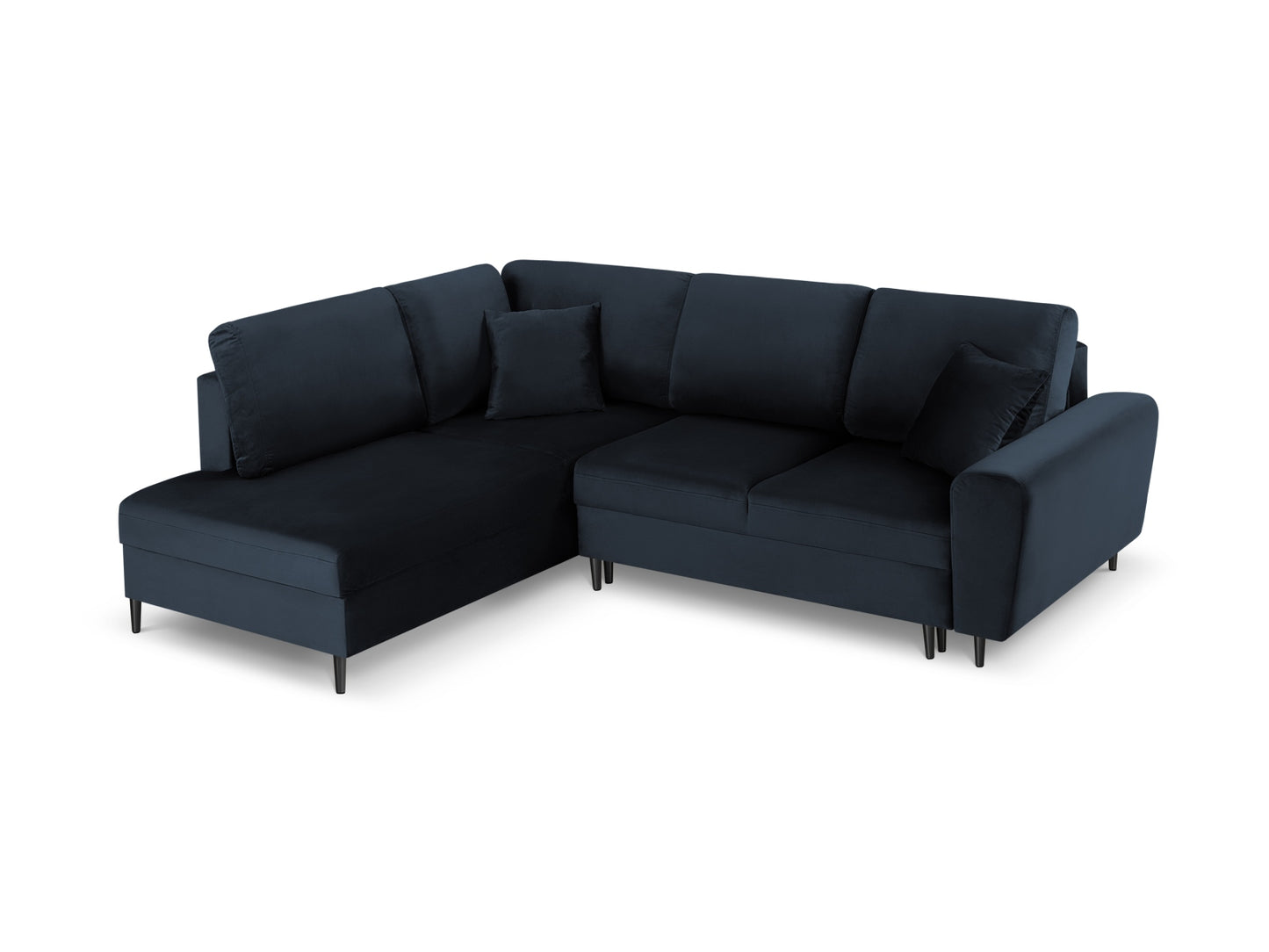 Kyoto Corner Sofa With Bed Function And Box, 5 Seats, 243x194 cm — Dark Blue / Black Chrome Metal / Left