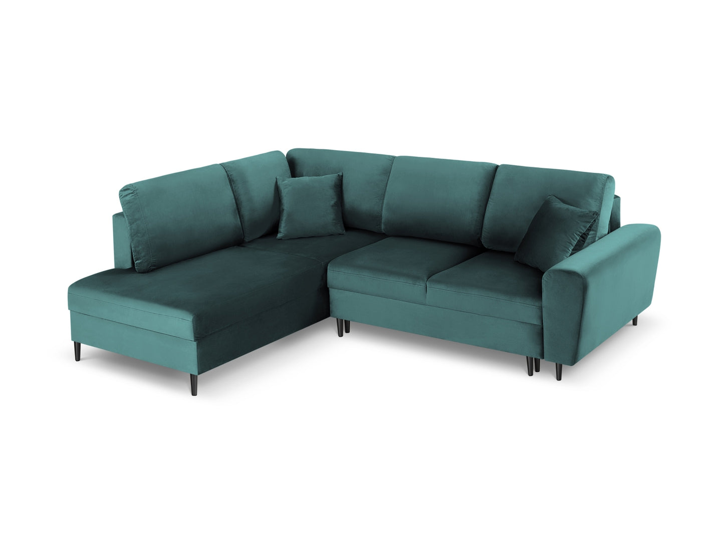 Kyoto Corner Sofa With Bed Function And Box, 5 Seats, 243x194 cm — Petrol / Black Chrome Metal / Left