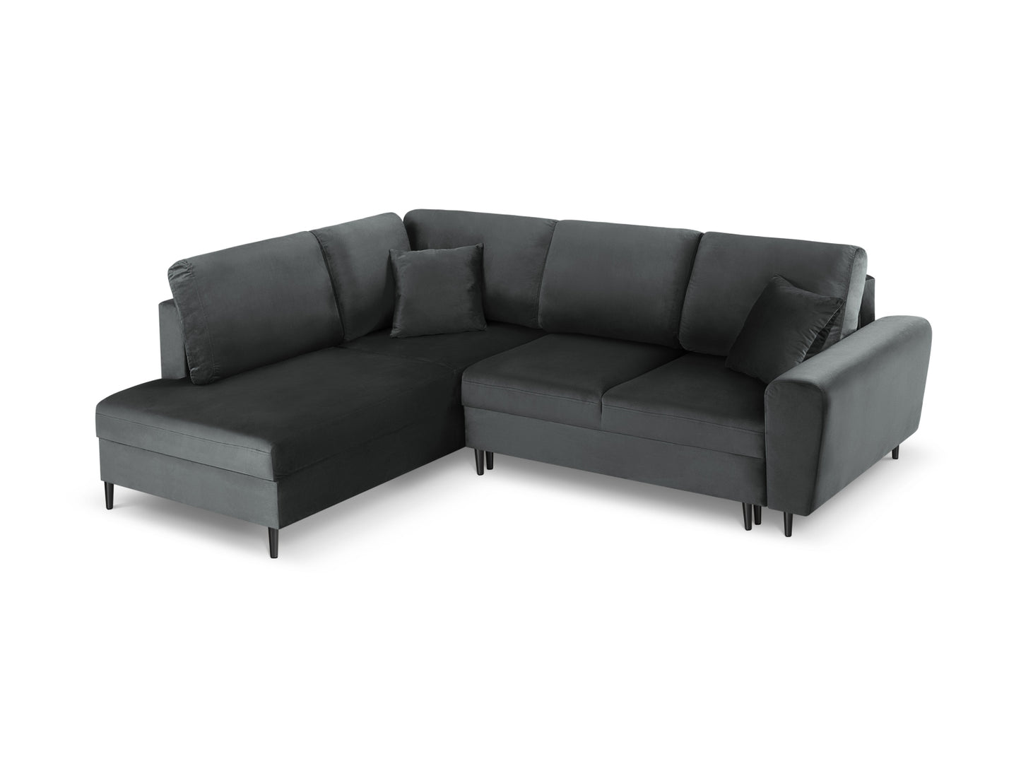 Kyoto Corner Sofa With Bed Function And Box, 5 Seats, 243x194 cm — Dark Grey / Black Chrome Metal / Left
