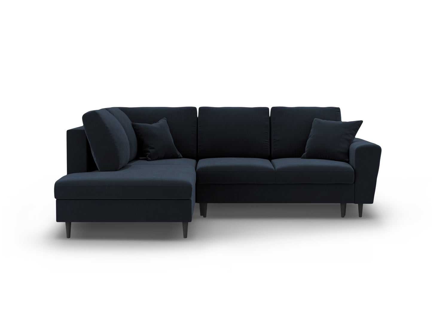 Kyoto Corner Sofa With Bed Function And Box, 5 Seats, 243x194 cm — Dark Blue / Black Beech Wood / Left