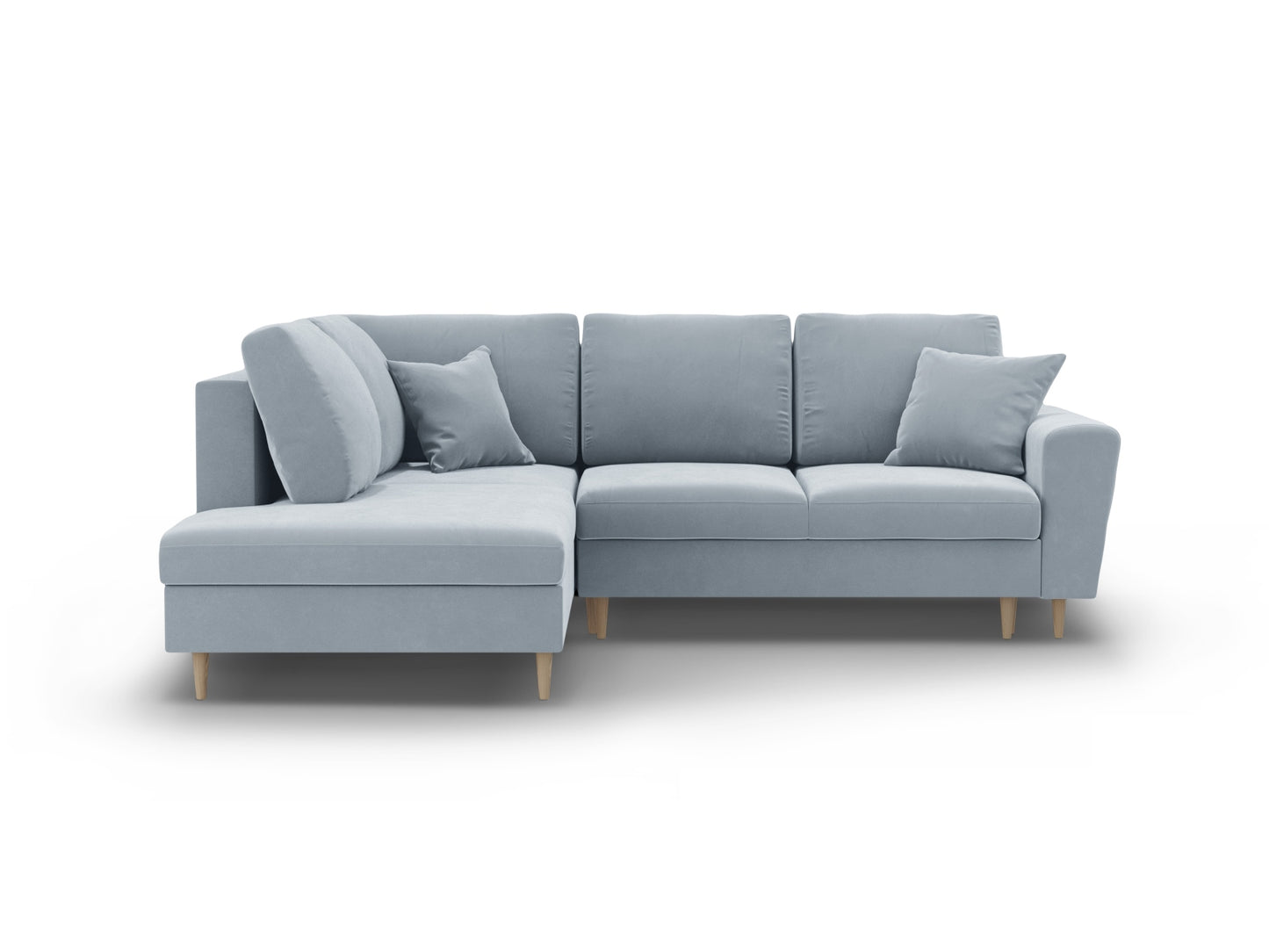 Kyoto Corner Sofa With Bed Function And Box, 5 Seats, 243x194 cm — Light Blue / Natural Beech Wood / Left