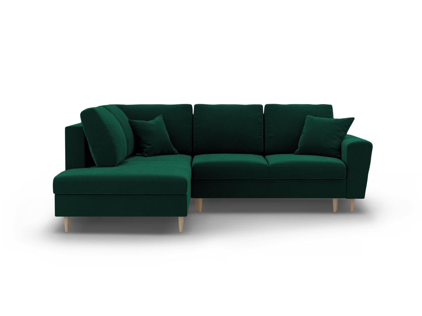 Kyoto Corner Sofa With Bed Function And Box, 5 Seats, 243x194 cm — Bottle Green / Natural Beech Wood / Left