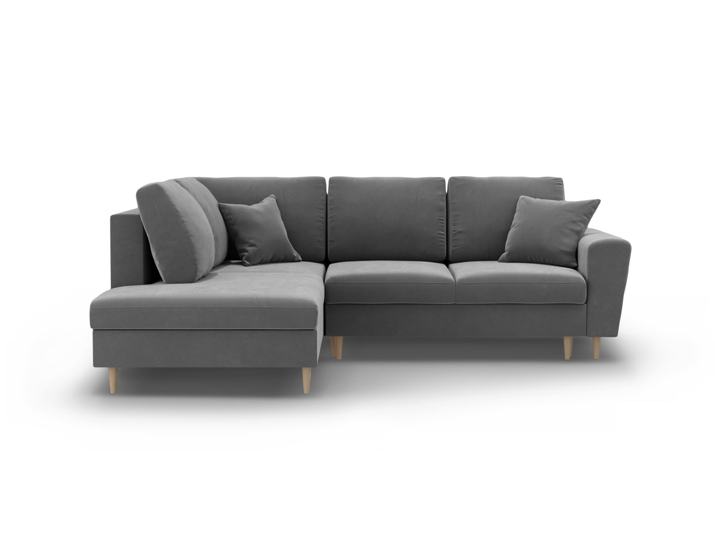 Kyoto Corner Sofa With Bed Function And Box, 5 Seats, 243x194 cm — Light Grey / Natural Beech Wood / Left