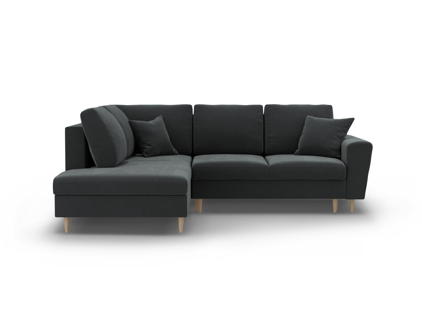 Kyoto Corner Sofa With Bed Function And Box, 5 Seats, 243x194 cm — Dark Grey / Natural Beech Wood / Left