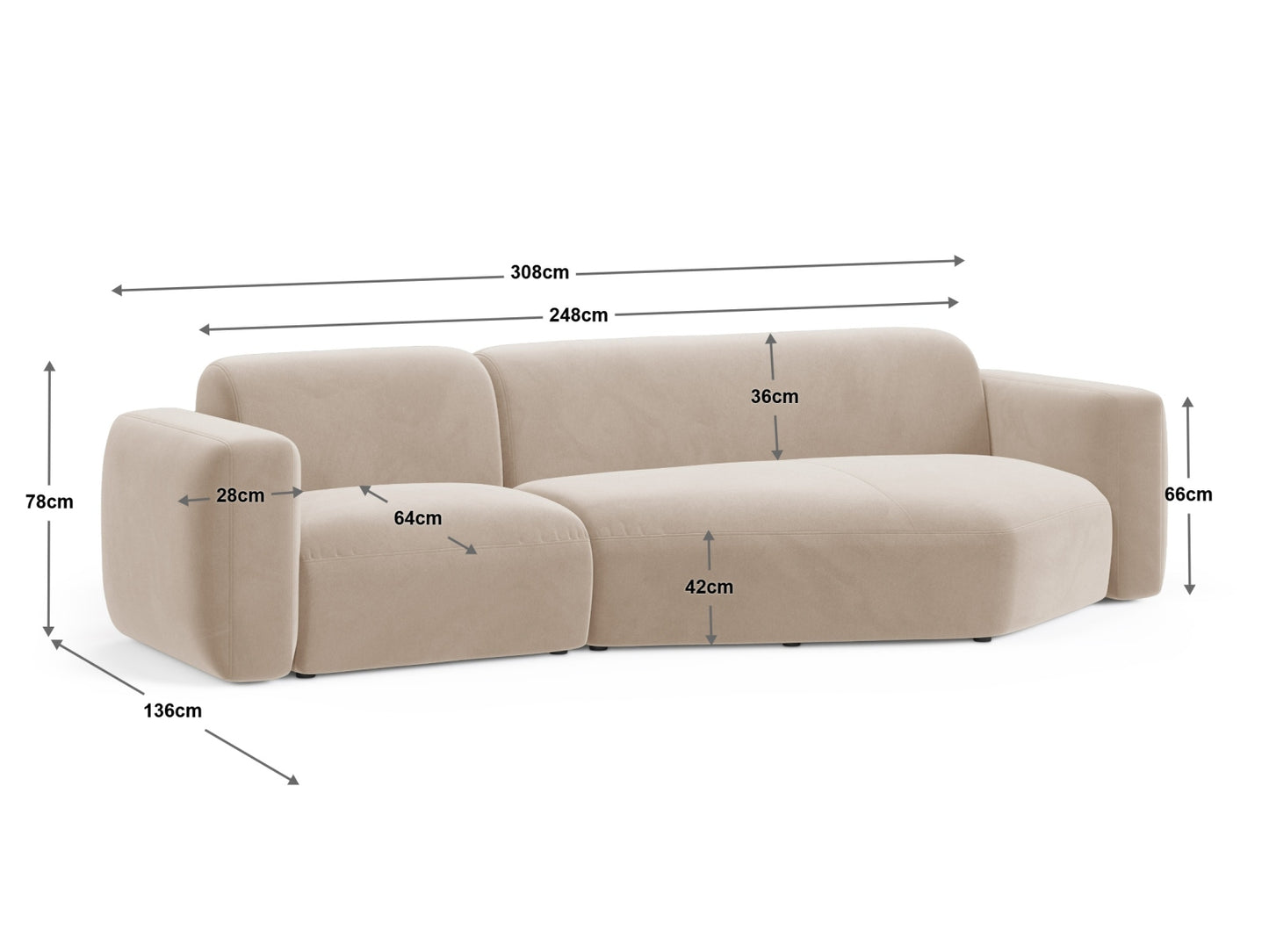 Strino Modular Corner Sofa, 3 Seats, 308x136 cm