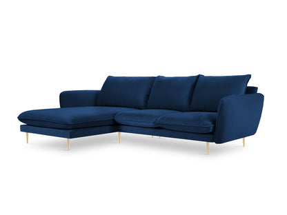 Vienna Corner Sofa, 5 Seats, 255x170 cm — Royal Blue / Gold Metal / Left