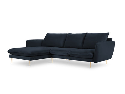 Vienna Corner Sofa, 5 Seats, 255x170 cm — Dark Blue / Gold Metal / Left