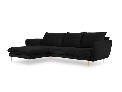 Vienna Corner Sofa, 5 Seats, 255x170 cm — Black / Gold Metal / Left