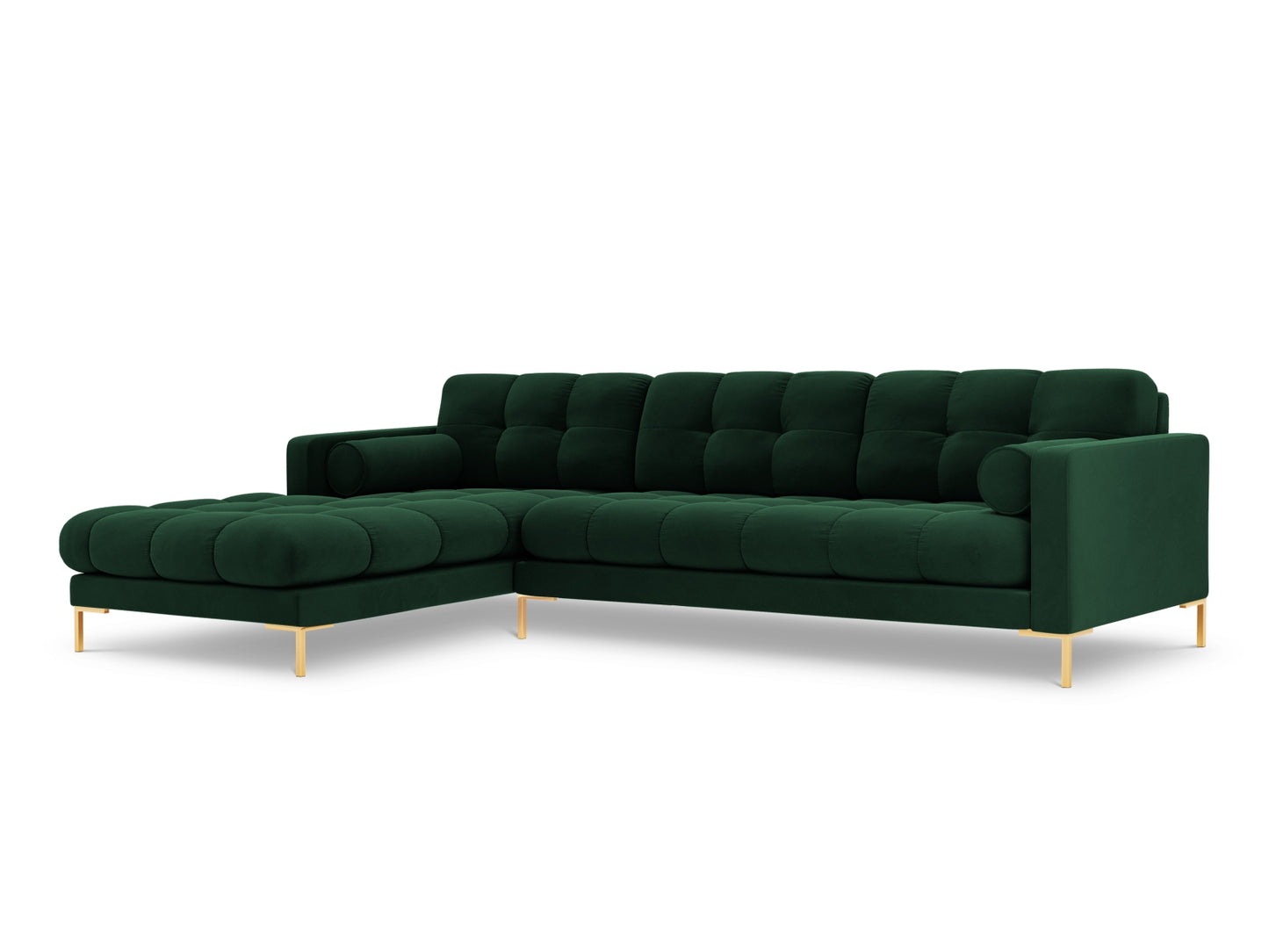 Bali Corner Sofa, 5 Seats, 293x185 cm — Bottle Green / Gold Metal / Left