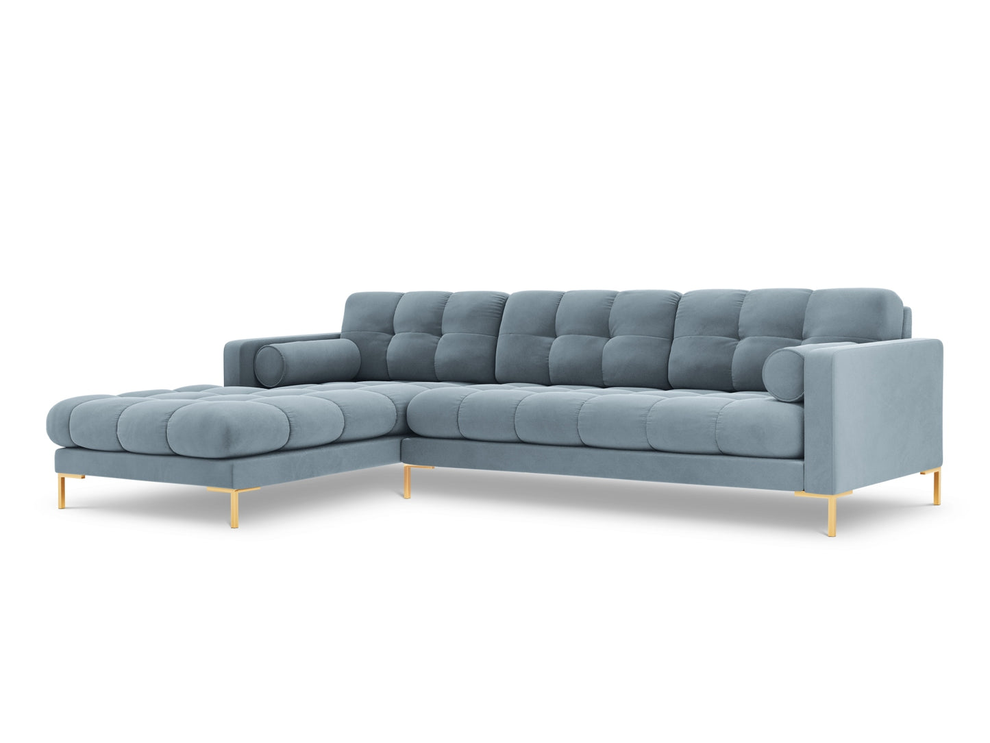 Bali Corner Sofa, 5 Seats, 293x185 cm — Light Blue / Gold Metal / Left