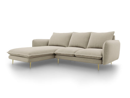 Vienna Corner Sofa, 5 Seats, 255x170 cm — Beige / Gold Metal / Left