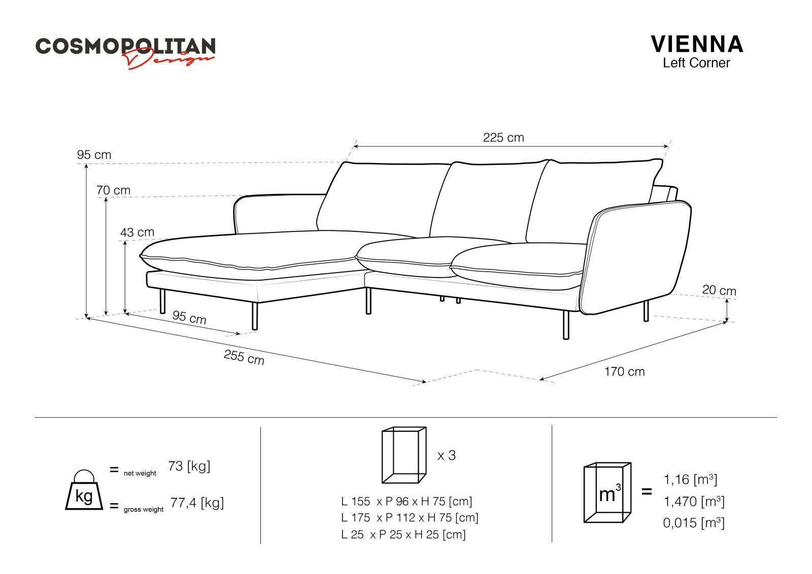 Vienna Corner Sofa, 5 Seats, 255x170 cm