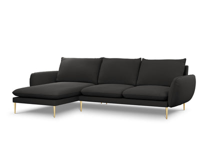 Vienna Corner Sofa, 5 Seats, 255x170 cm — Black / Gold Metal / Left